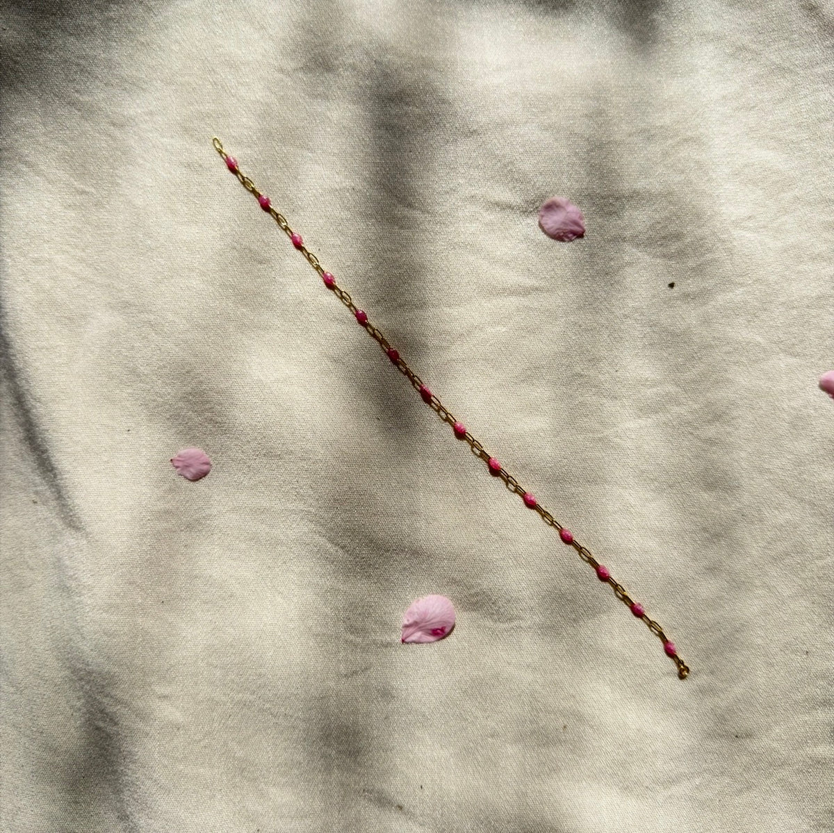Pink enamel gold paperclip chain permanent jewellery by Aura-Link Perth